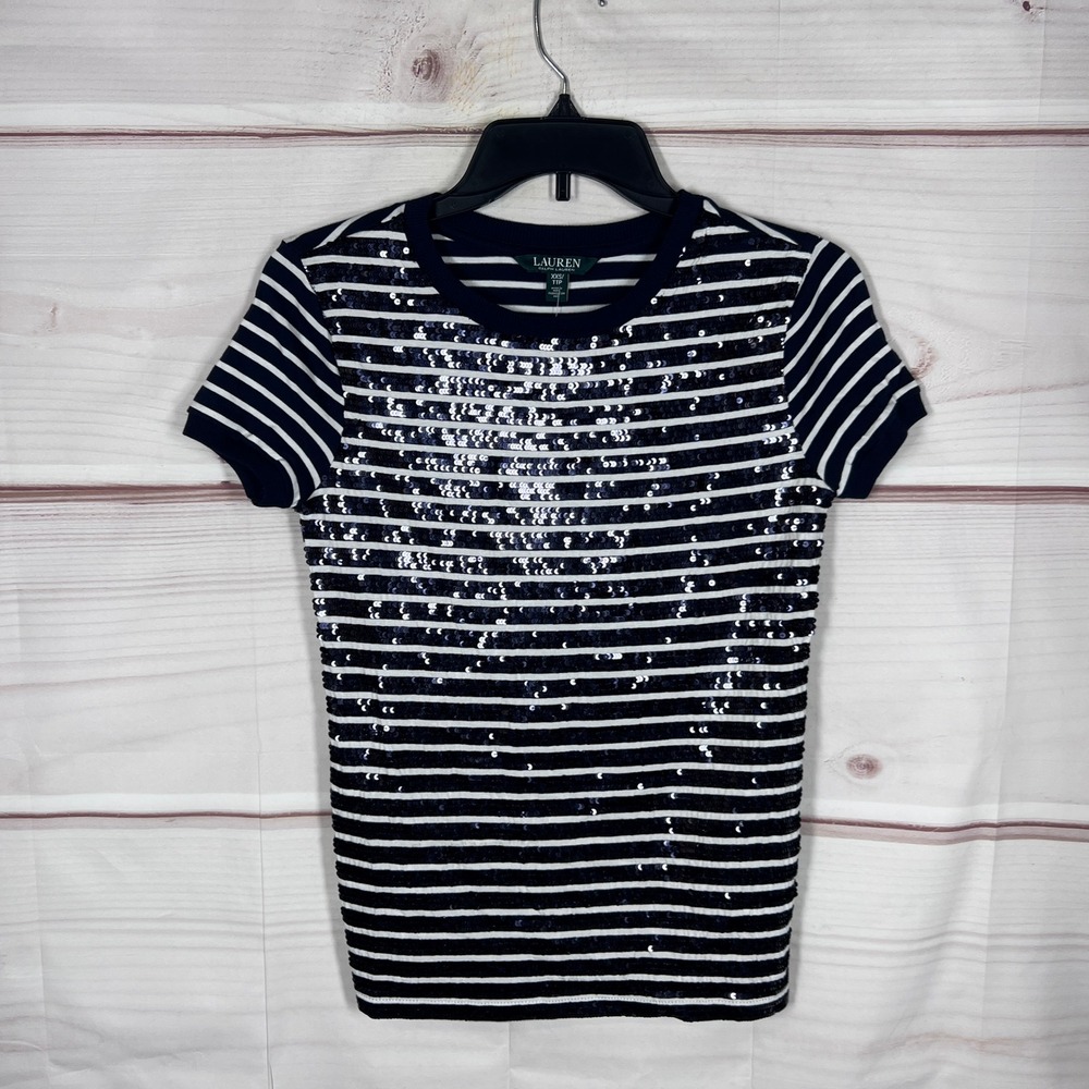 Lauren Ralph Lauren Top Women XXS Blue Stripe Sequin Short Sleeve T-Shirt Preppy